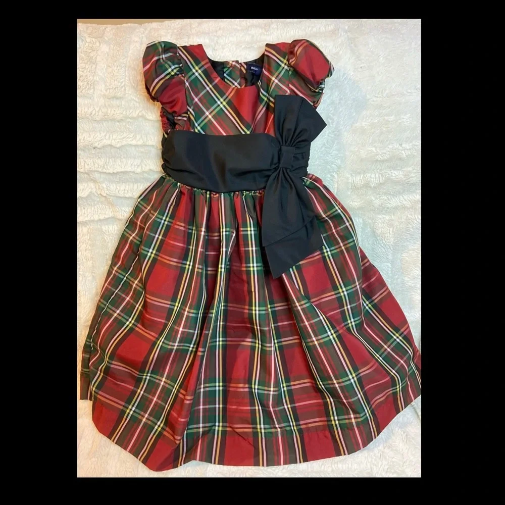 Ralph Lauren Red and Green Plaid Holiday Dress with Black Sash